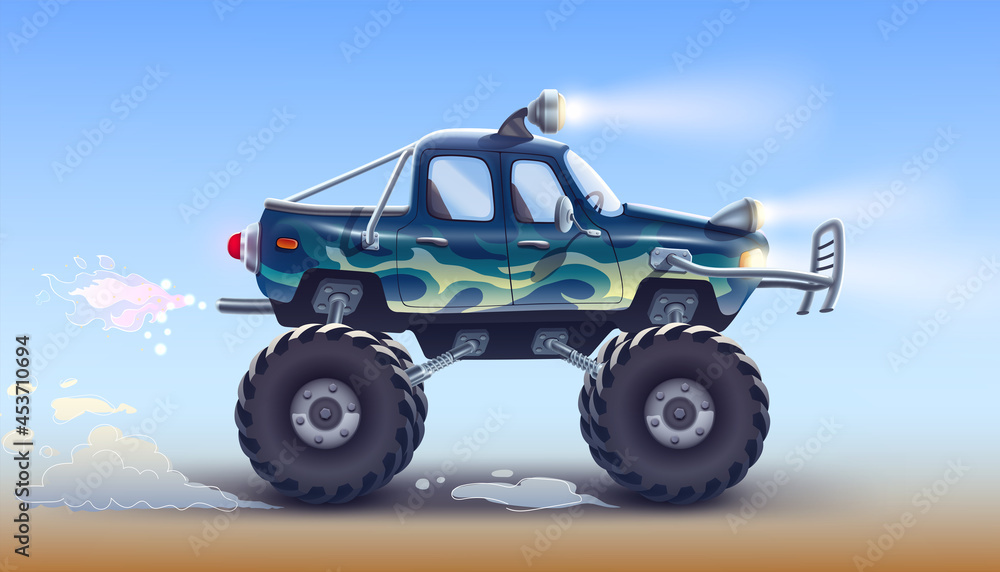 A sports off road pickup truck with large wheels, headlights, a strong bumper, shock absorbers drives . Big green car jeep 4x4 drawing. High detailed vector illustration