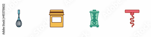Set Kitchen whisk, Jam jar, Blender and Wine corkscrew icon. Vector