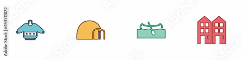 Set Christmas sweater, Igloo ice house, Kayak or canoe and House icon. Vector