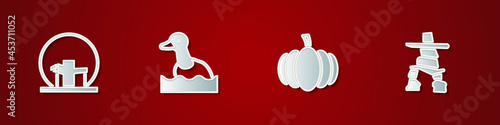 Set Montreal Biosphere, Flying duck, Pumpkin and Inukshuk icon. Vector