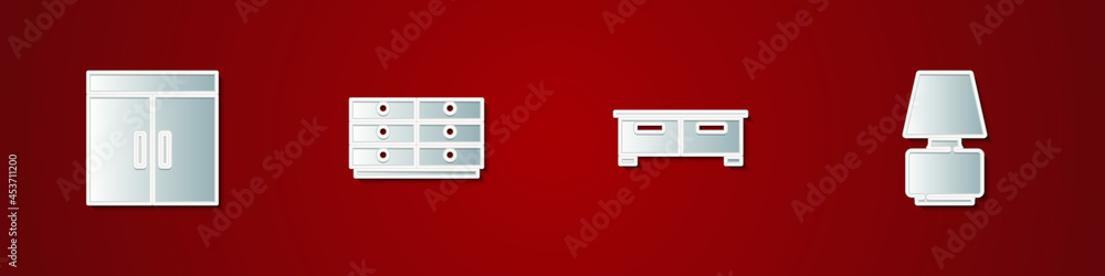 Set Wardrobe, Chest of drawers, and Table lamp icon. Vector Set Wardrobe, Chest of drawers, and Table lamp icon. Vector