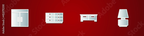 Set Wardrobe, Chest of drawers, and Table lamp icon. Vector
