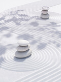 Japanese zen garden stone balance on nature light white background.for product presentation,posters, brochure,banners.3d rendering illustration