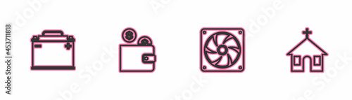 Set line Car battery, Computer cooler, Wallet with coin and Church building icon. Vector