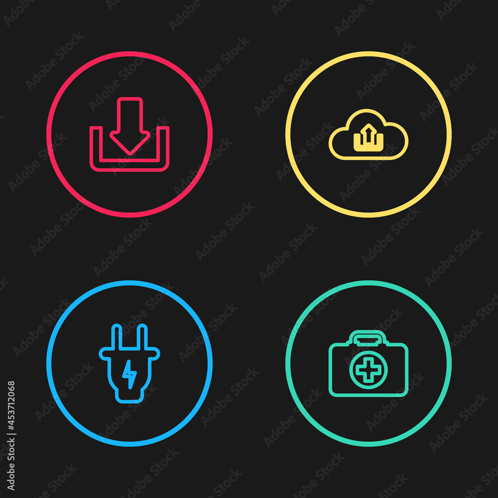 Set line Electric plug, First aid kit, Cloud upload and Download icon. Vector Set line Electric plug, First aid kit, Cloud upload and Download icon. Vector