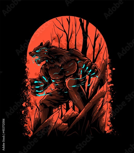 angry werewolf on red blood moon Illustration