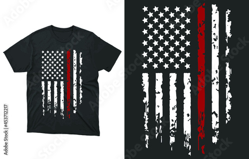 Thin Red Line Flag Vector T-shirt Design, American Patriot Firefighter Support Shirt