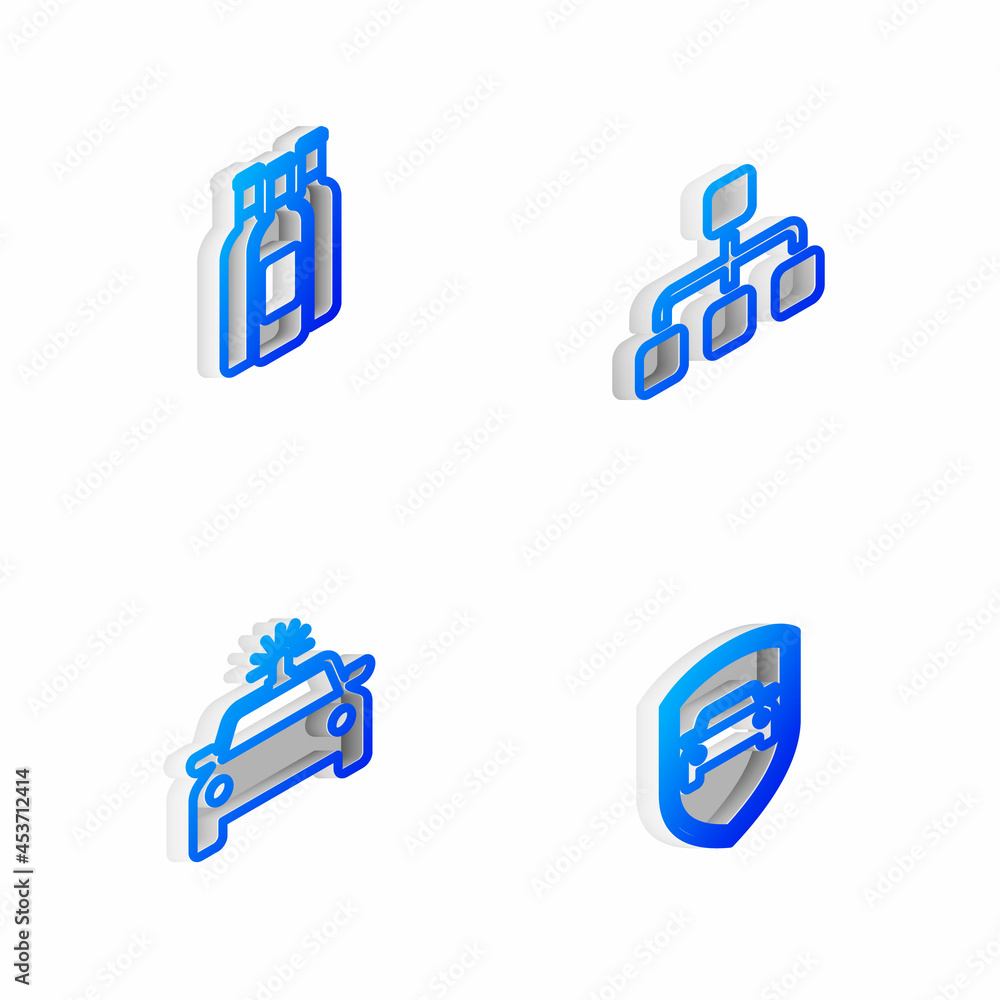 Set Isometric line Hierarchy organogram chart, Bottles of wine, Police car and flasher and Car protection insurance icon. Vector
