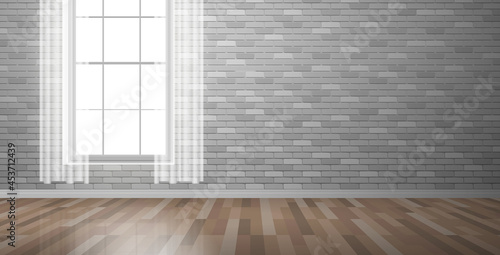 empty room interior design  wooden floor brick wall window curtain vector illustration