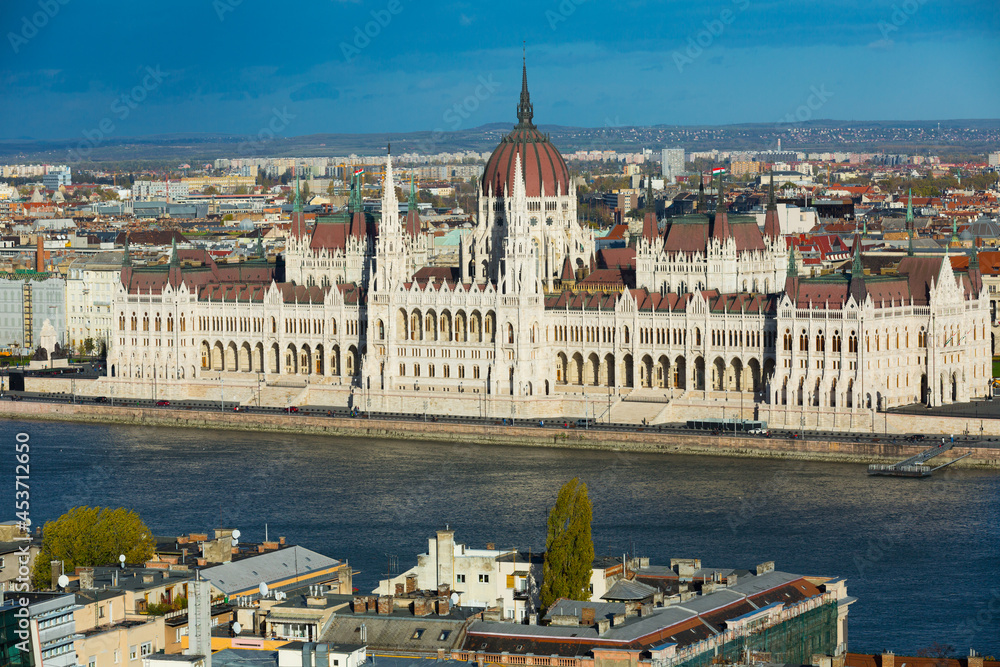 Image of building of Parliament in Budapest of Hungary outdoor.