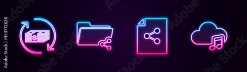 Set line Refund money, Share folder, file and Music streaming service. Glowing neon icon. Vector