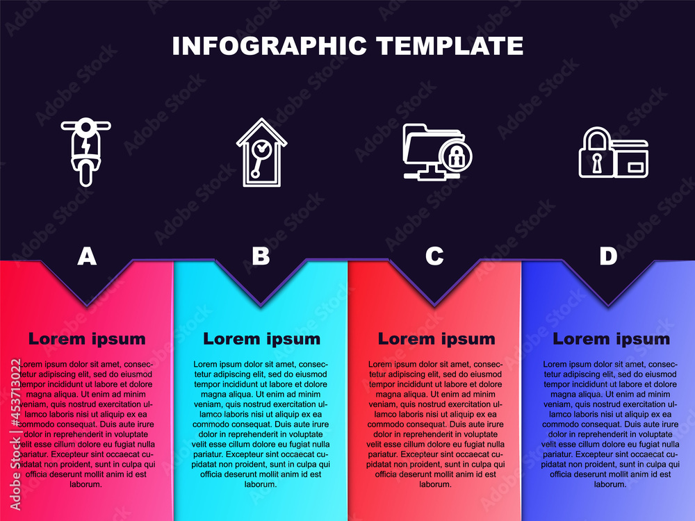 Set line Electric scooter, Retro wall watch, FTP folder and lock and Credit card with. Business infographic template. Vector