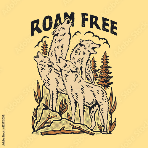 Roam free wolf pack illustration