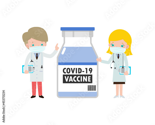 COVID-19 or coronavirus (2019-nCoV) vaccine concept. happy  caucasian Doctors team with Vaccine vial, Medical staff doctor and nurse, group of medics isolated on white background vector illustration