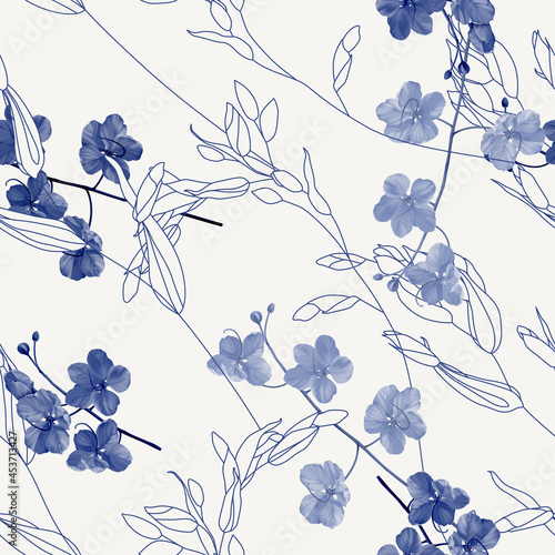 Floral seamless pattern, black and white golden shower flowers and line art f...
