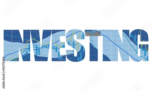 Double exposure investing text and financial market chart.