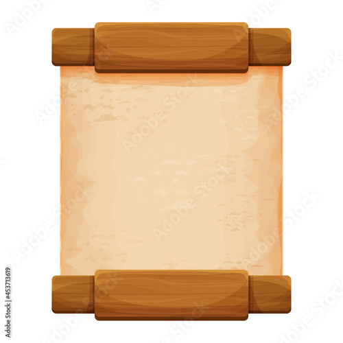 Wood planks with parchment paper in cartoon style isolated on white background. Frame, medieval panel, menu. Empty gui asset, signboard.