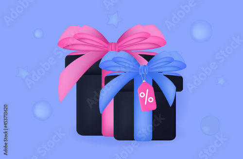 Loyalty program 3d. Gift set. Advertising promotion and profitable discount. Loyal sale with a coupon price tag, cashback refund. Purchase, payment with a percentage of the bonus. Vector illustration