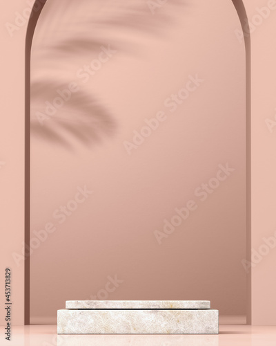 Studio for product branding. Front view to marble podium for presentation of products. Palm leaf shadow on the arch and wall. 3d rendering
