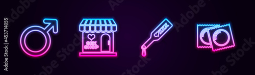 Set line Male gender symbol, Sex shop building, Spanking paddle and Condoms package. Glowing neon icon. Vector