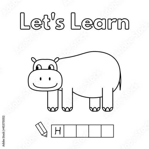 Cartoon hippo learning game for small children - color and write the word. Vector coloring book pages for kids