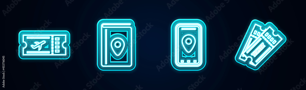 Set line Airline ticket, Cover book travel guide, Infographic of city map and Ticket. Glowing neon icon. Vector Set line Airline ticket, Cover book travel guide, Infographic of city map and Ticket. Glowing neon icon. Vector