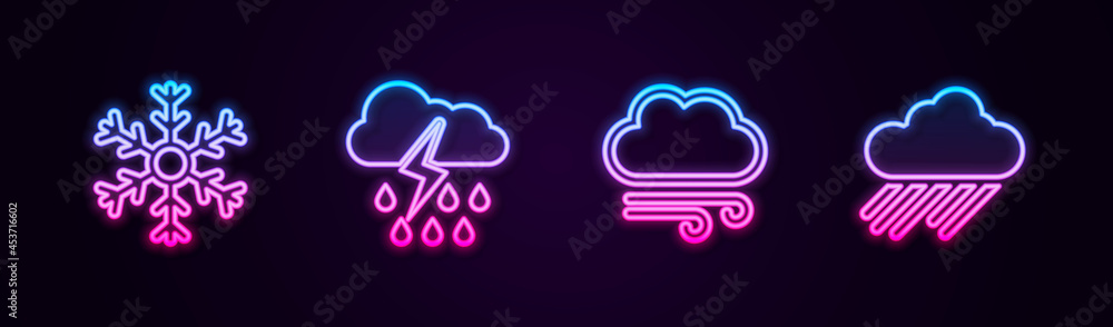 Set line Snowflake, Cloud with rain and lightning, Windy weather and . Glowing neon icon. Vector Set line Snowflake, Cloud with rain and lightning, Windy weather and . Glowing neon icon. Vector
