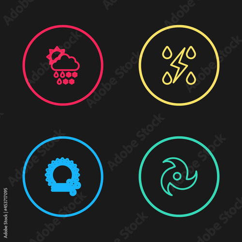Set line Wind and sun, Tornado, Storm and Cloud with snow, rain, icon. Vector