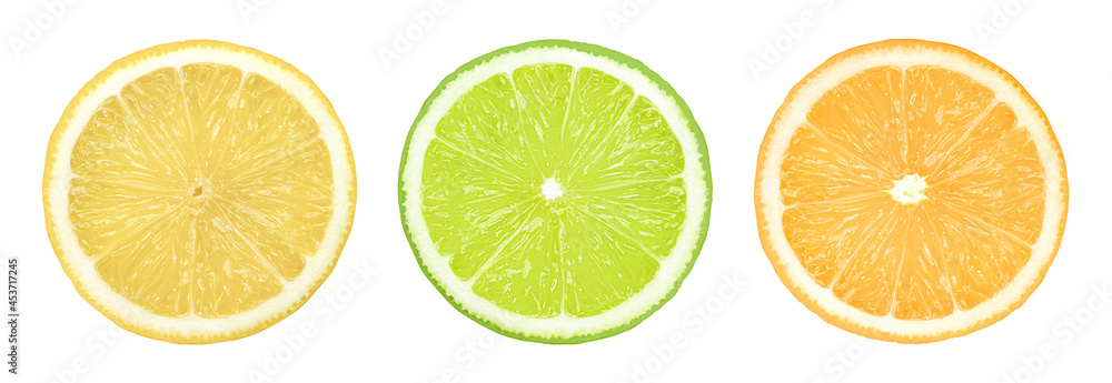 Various types of citrus fruit (lime, lemon, orange) cut in cross section isolated on white background.