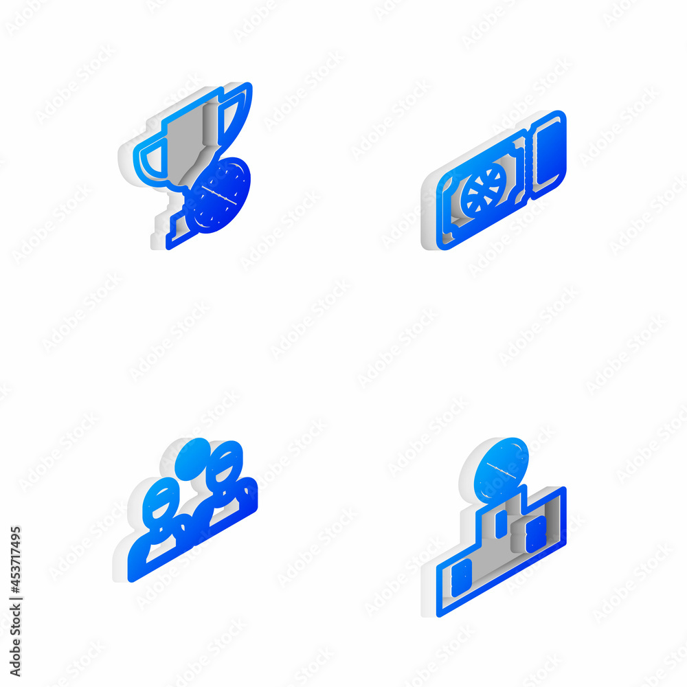 Set Isometric line Basketball game ticket, Award cup with basketball, players and Sports winner podium icon. Vector Set Isometric line Basketball game ticket, Award cup with basketball, players and Sports winner podium icon. Vector