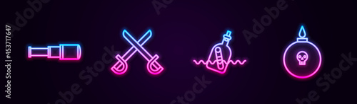Set line Spyglass telescope lens, Crossed pirate swords, Bottle with message in water and Bomb ready to explode. Glowing neon icon. Vector