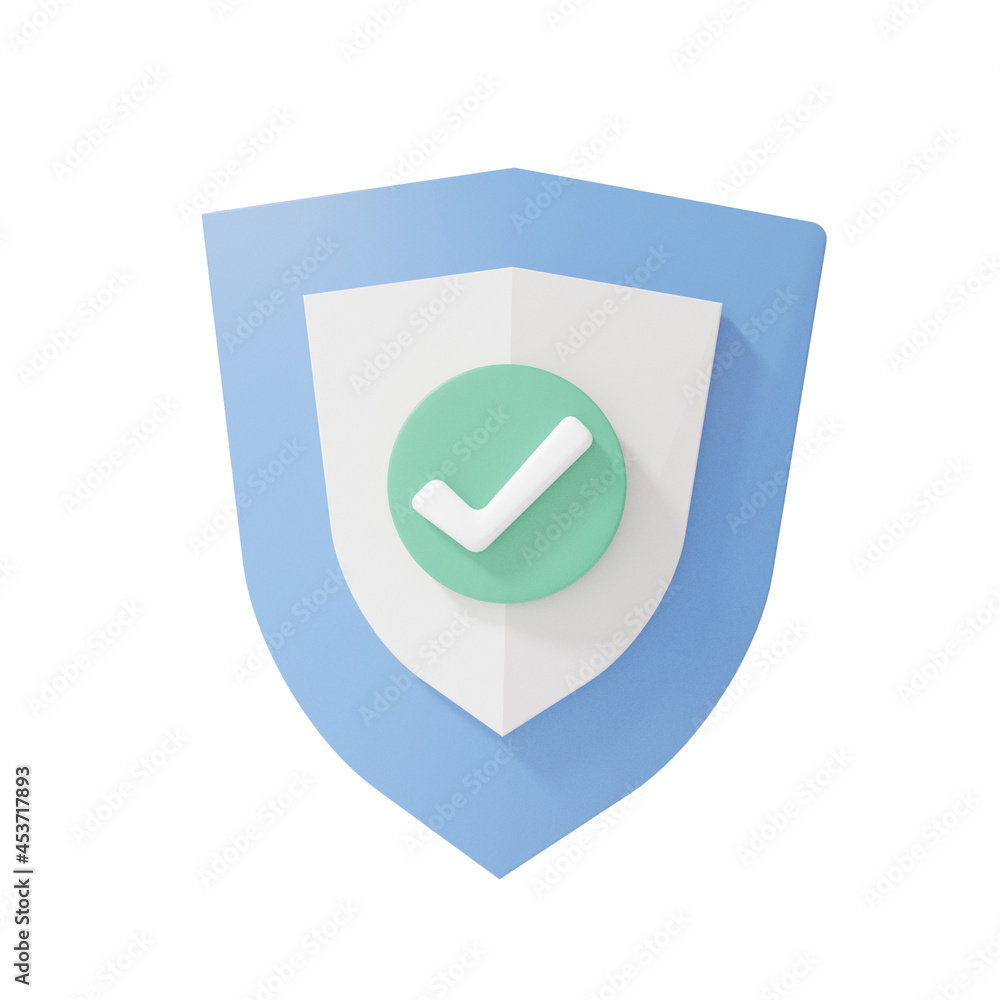 Protection shield icon and check mark, protec ,security ,minimal cartoon style on isolated white background. 3D render. illustration Protection shield icon and check mark, protec ,security ,minimal cartoon style on isolated white background. 3D render. illustration