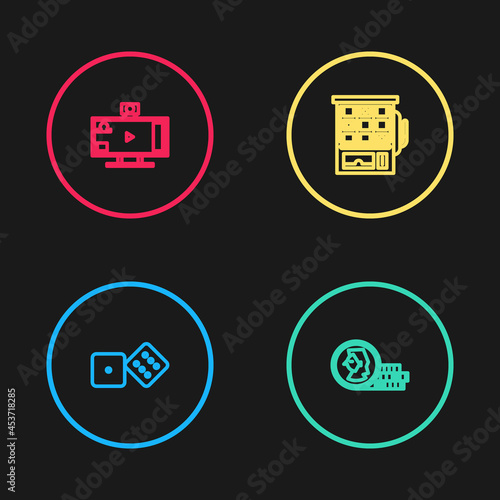 Set line Game dice, Coin for game, Slot machine and Live streaming online icon. Vector