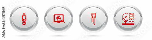 Set line Portable sensor, Laptop application for smart farm, Temperature and humidity and Plant status. Silver circle button. Vector