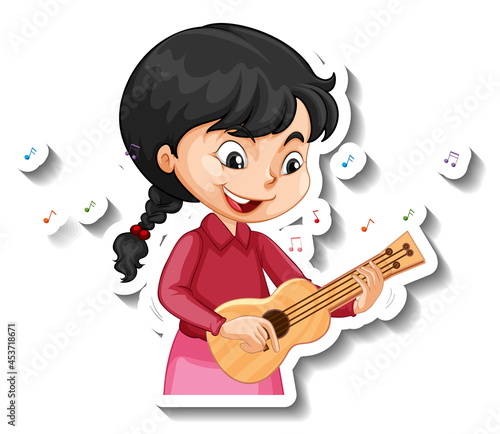 Cartoon character sticker with a girl playing ukulele