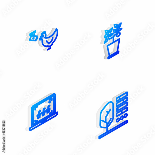 Set Isometric line Plant in pot, Chicken farm and camera, Smart farming technology and status icon. Vector