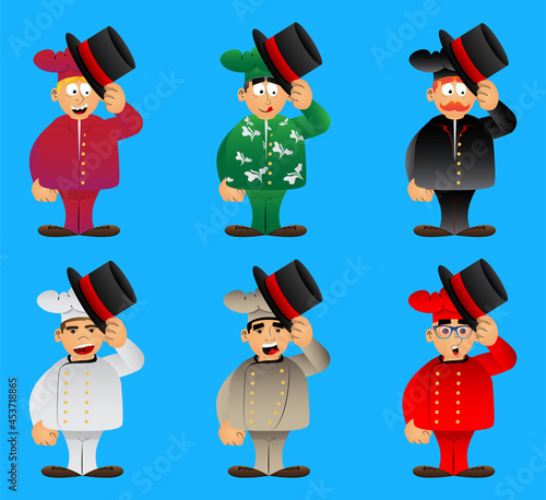 Fat male cartoon chef in uniform tipping his hat. Vector illustration.
