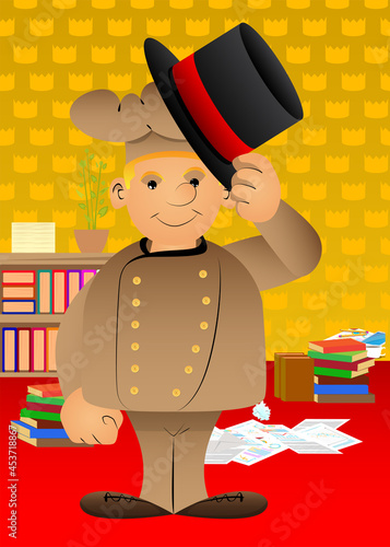 Fat male cartoon chef in uniform tipping his hat. Vector illustration.