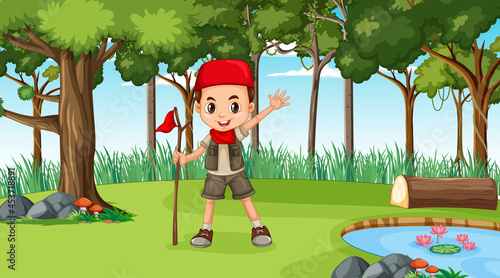 Nature scene with a muslim boy cartoon character exploring in the forest