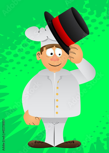 Fat male cartoon chef in uniform tipping his hat. Vector illustration.
