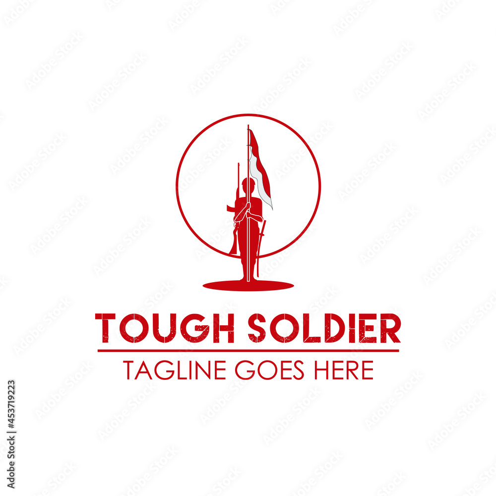 soldier armed military people standing and hold a flag in spear for simple flat character independence day honor tribute logo design vector icon