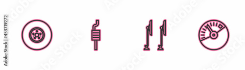 Set line Car brake disk, Windscreen wiper, muffler and Speedometer icon. Vector
