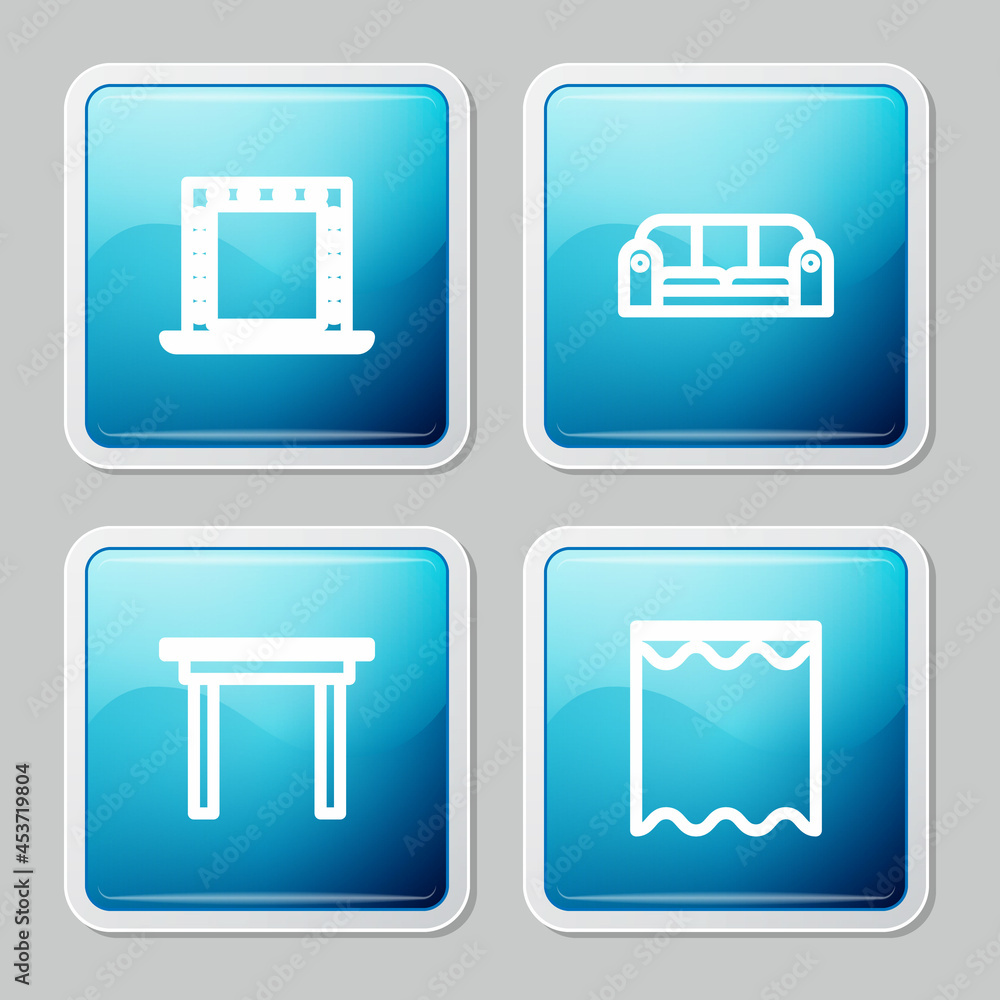 Set line Makeup mirror with lights, Sofa, Wooden table and Curtains icon. Vector Set line Makeup mirror with lights, Sofa, Wooden table and Curtains icon. Vector