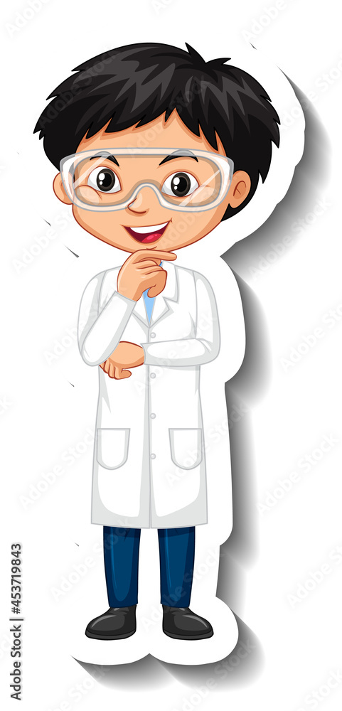 Cartoon character sticker with a boy in science gown Cartoon character sticker with a boy in science gown