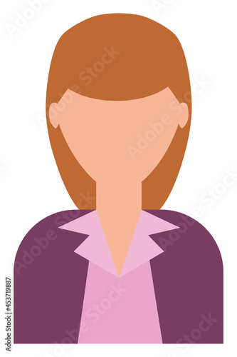 Woman in a purple blazer and orange hair, illustration, on a white background.