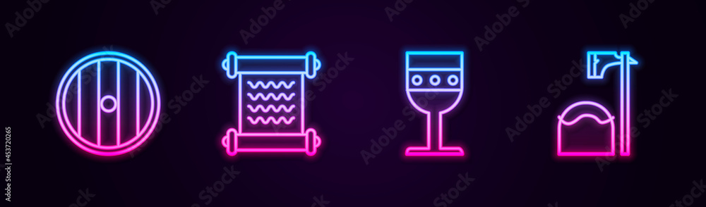 Set line Round wooden shield, Decree, parchment, scroll, Medieval goblet and Executioner axe in tree block. Glowing neon icon. Vector
