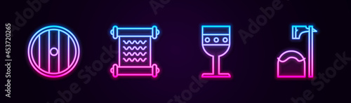 Set line Round wooden shield, Decree, parchment, scroll, Medieval goblet and Executioner axe in tree block. Glowing neon icon. Vector