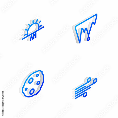 Set Isometric line Icicle, Sunrise, Moon and Wind icon. Vector