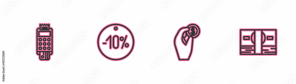 Set line POS terminal with credit card, Hand holding coin money, Ten discount percent tag and Stacks paper cash icon. Vector Set line POS terminal with credit card, Hand holding coin money, Ten discount percent tag and Stacks paper cash icon. Vector