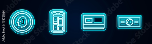 Set line Coin money, Online shopping phone, Credit card and Paper cash. Glowing neon icon. Vector